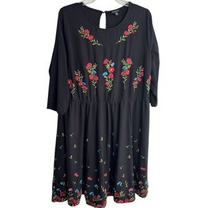 Torrid Challis Skater Dress Womens Plus Size 2x Black Embroidered Floral Boho